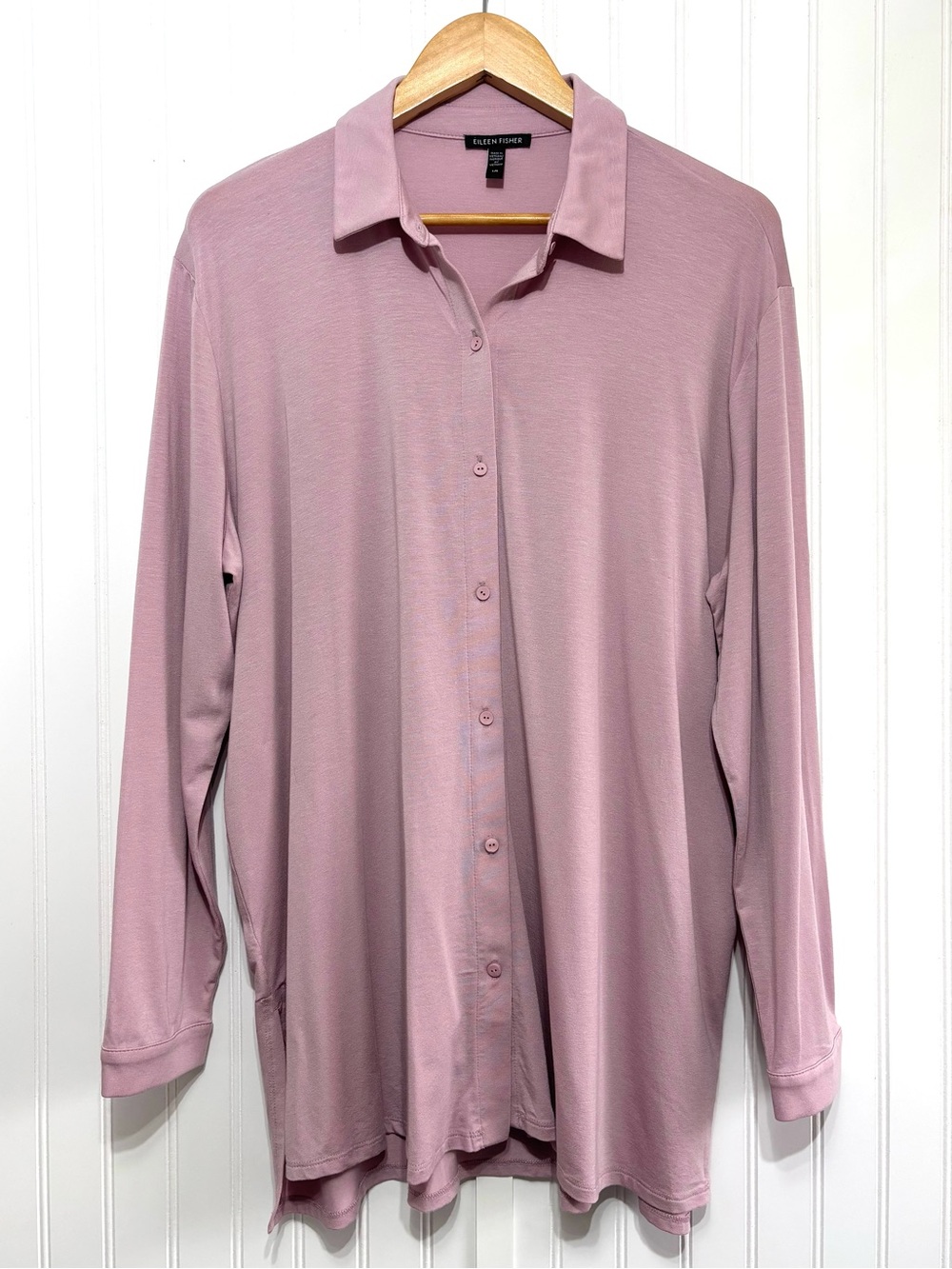 Eileen Fisher Rose Pink Tencel Lyocell Fine Jersey Button Front Tunic Shirt L
